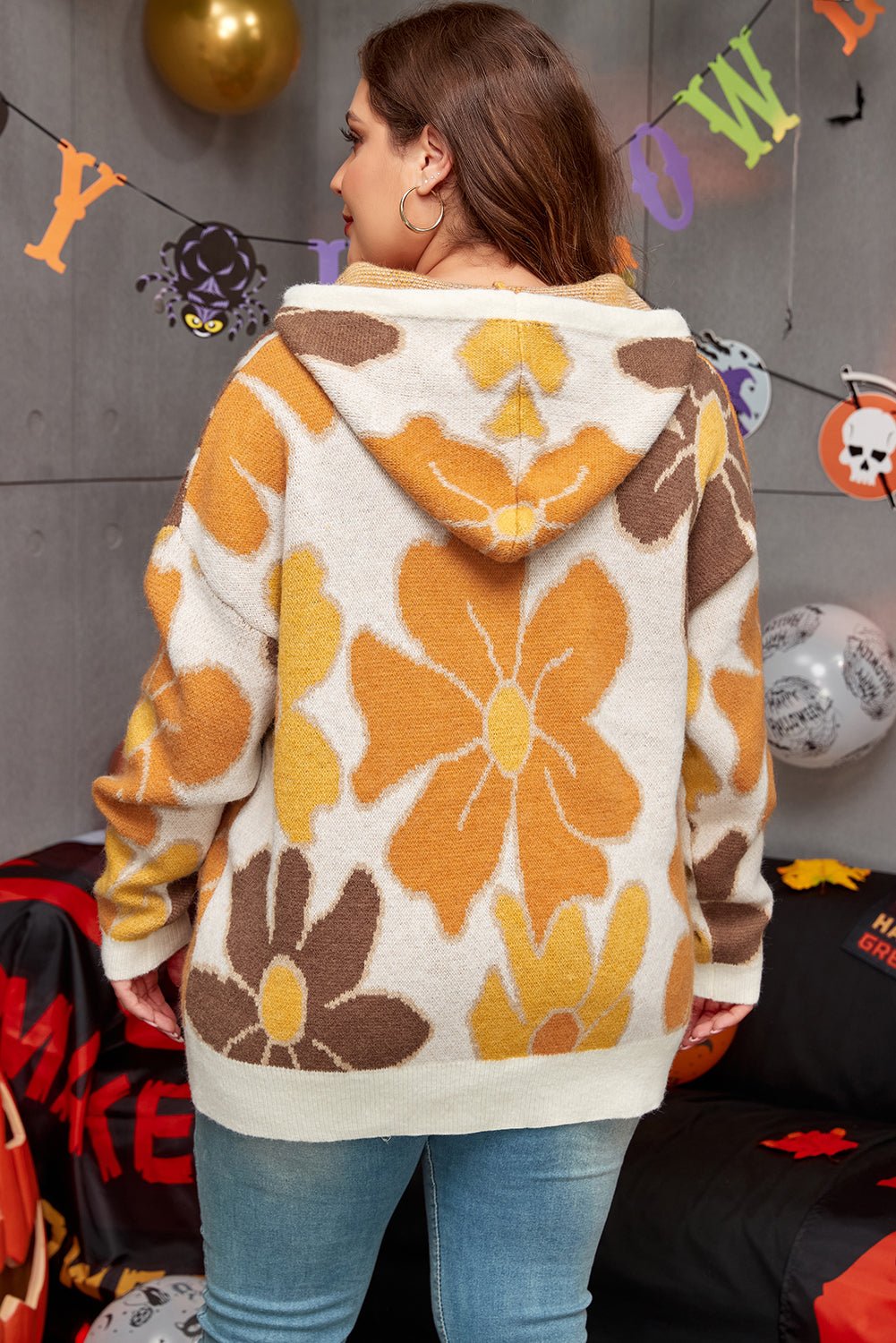 White Large Flower Knitted Drawstring Hooded Plus Size Sweater - Loving It Shop
