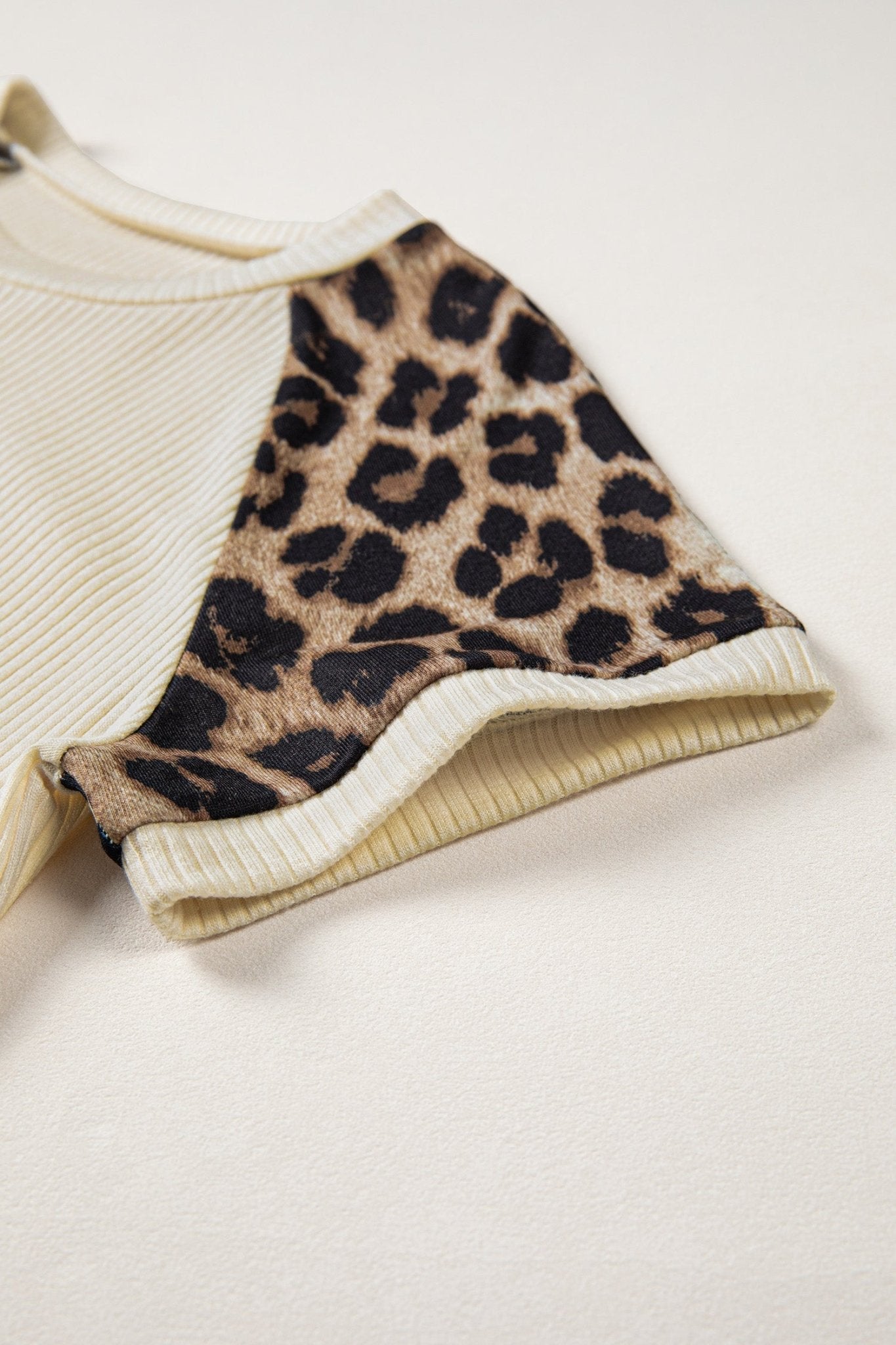 Apricot Ribbed Color Block Leopard Contrast Sleeve Loose Tee - Loving It Shop
