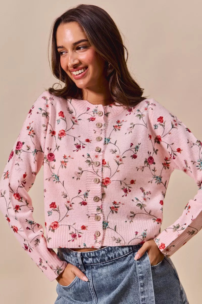 Floral Print Button Front Sweater Cardigan Top