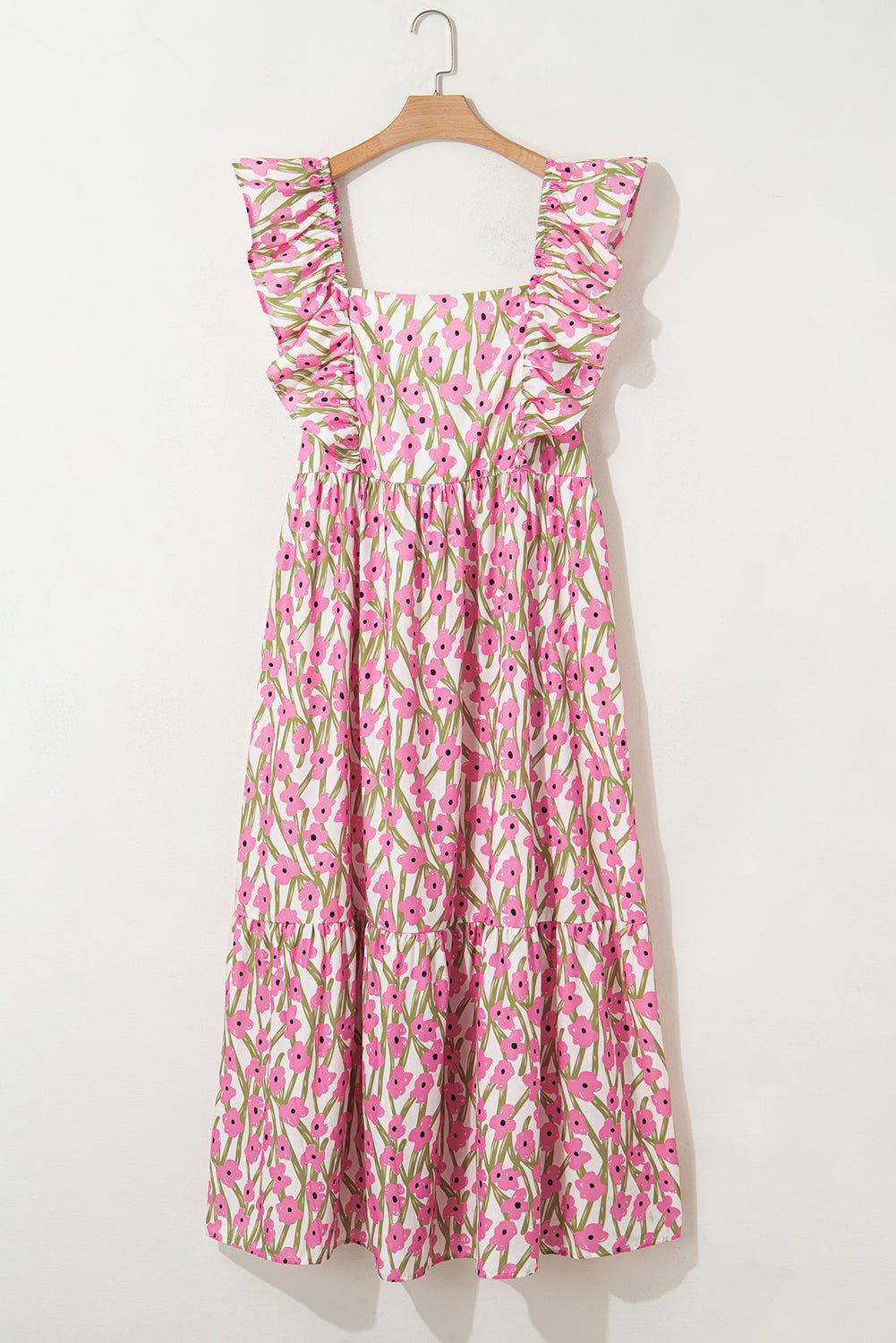 Pink Plus Size Ruffle Trim Square Neck High Waist Floral Maxi Dress - Loving It Shop