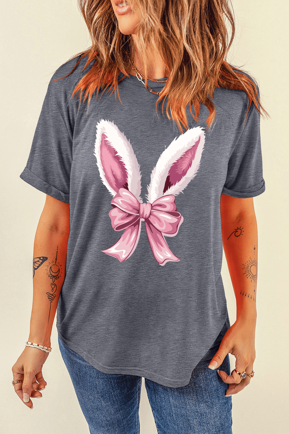 Gray Bunny Ear Bow Printed Easter Fashion T Shirt - Loving It Shop