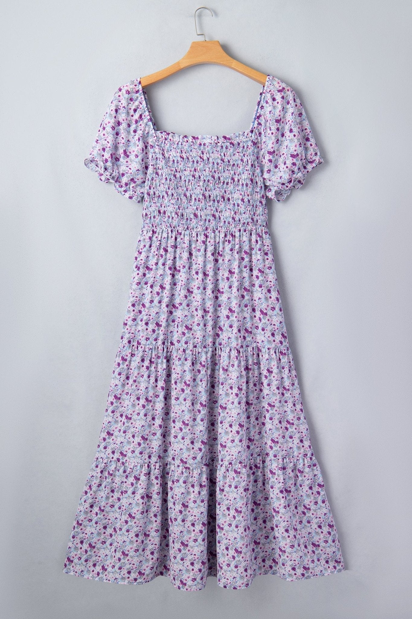 Purple Plus Size Floral Print Square Neck Smocked Maxi Dress - Loving It Shop