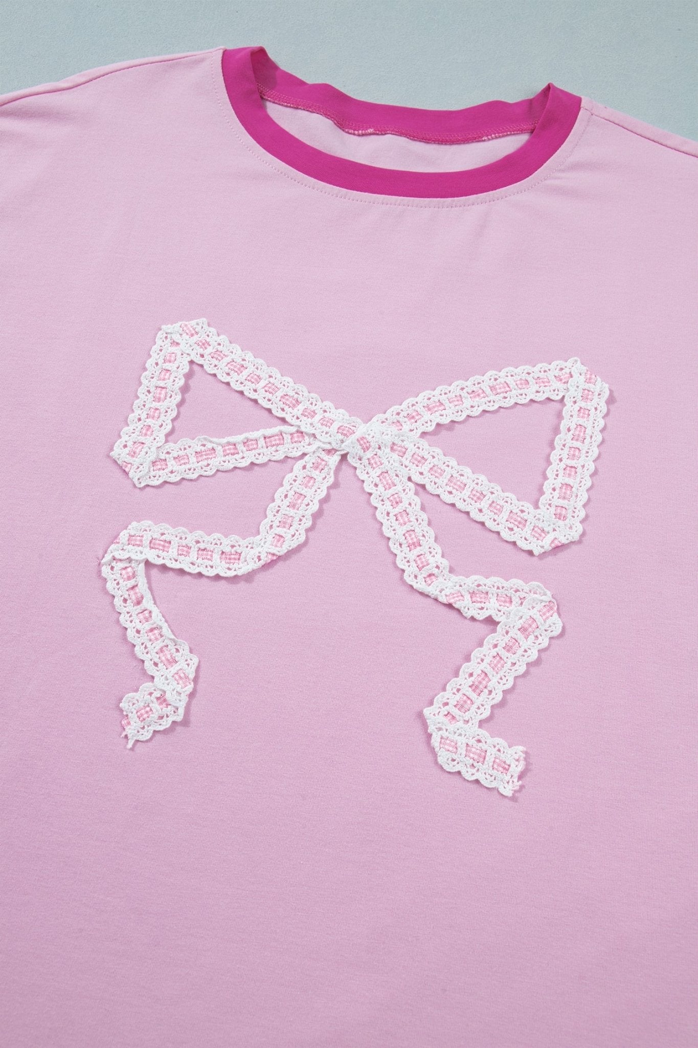 Gossamer Pink Embroidered Bow Detail Color Block Loose Tee - Loving It Shop