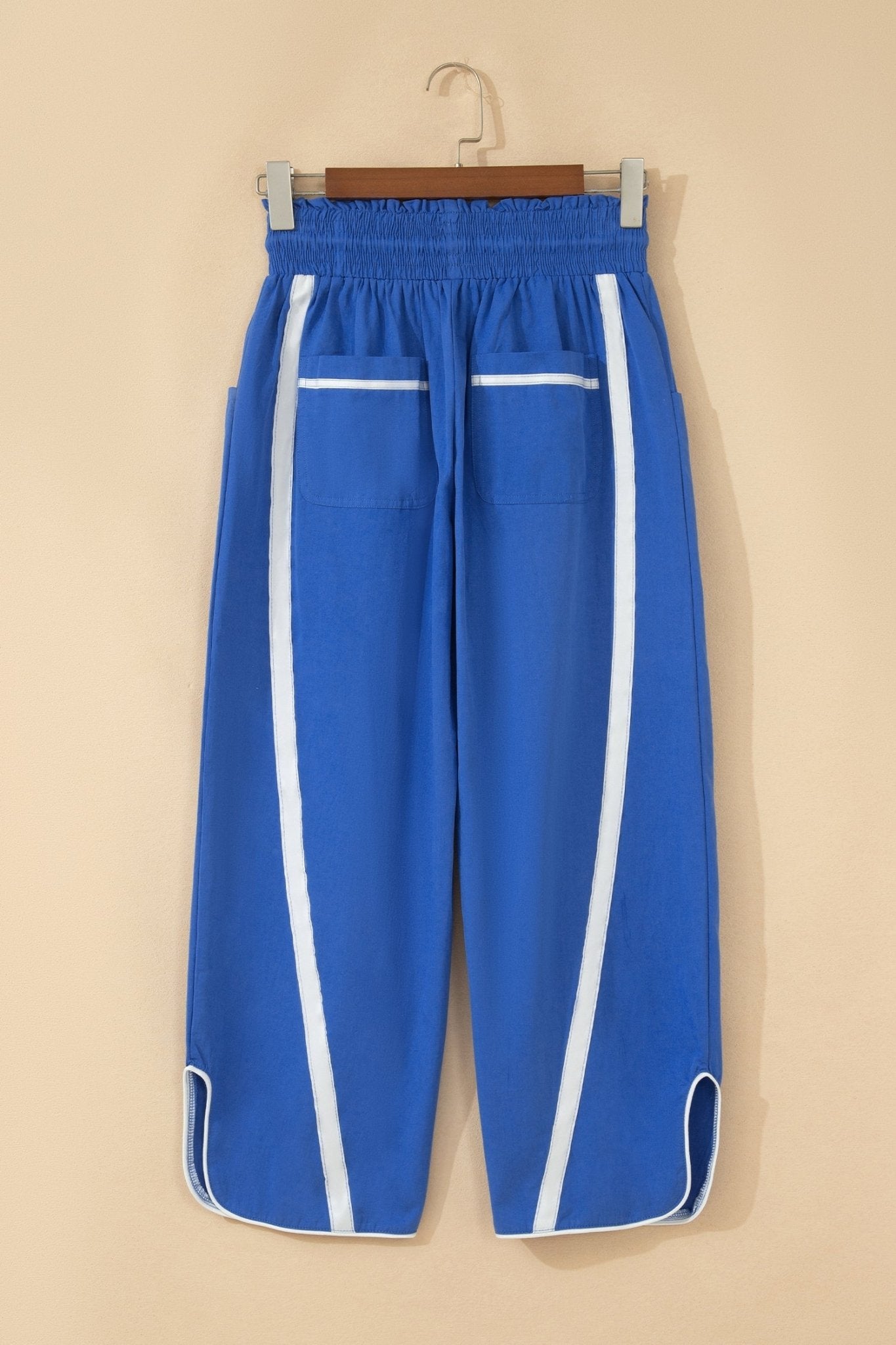 Dark Blue Contrast Striped Smocked Waist Drawstring Cropped Casual Pants - Loving It Shop