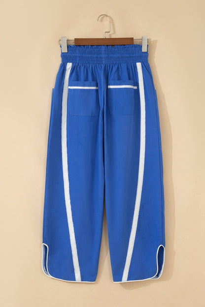 Dark Blue Contrast Striped Smocked Waist Drawstring Cropped Casual Pants - Loving It Shop