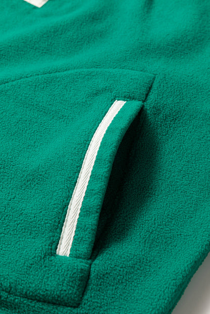 Dark Green Half Zip Contrast Trim Pocketed Plus Size Fleece Sweatshirt