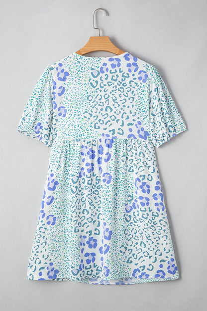 Sky Blue Leopard Contrast Bow Puff Sleeve Mini Dress