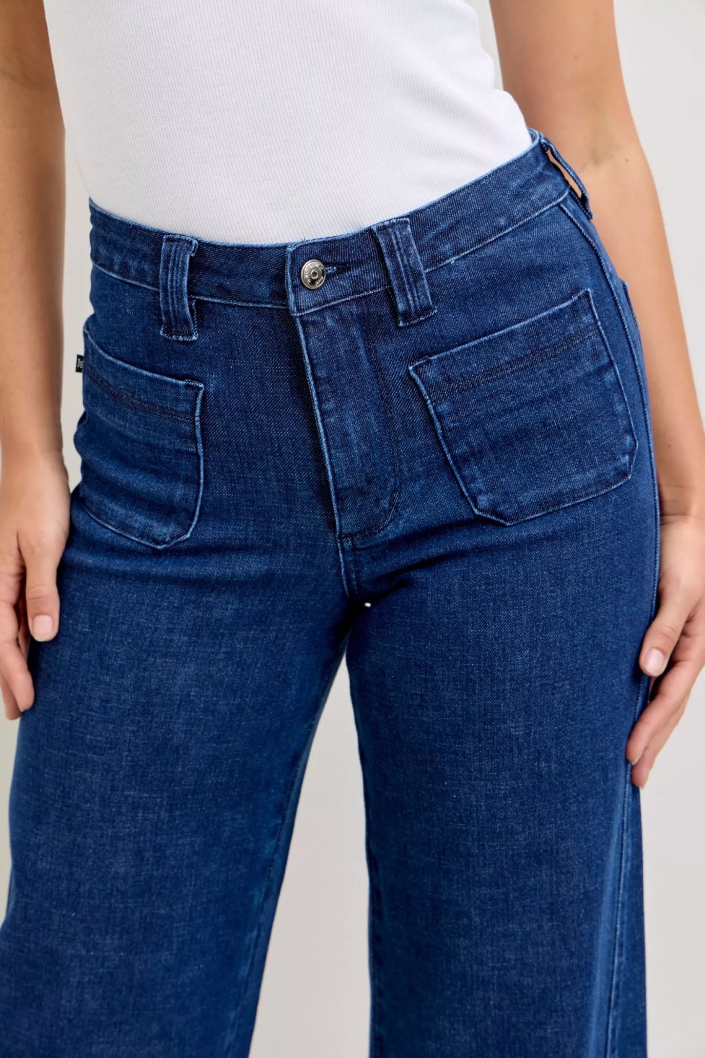 High-Waisted Retro Wide Jeans with Patch Pkts & Twisted Seams