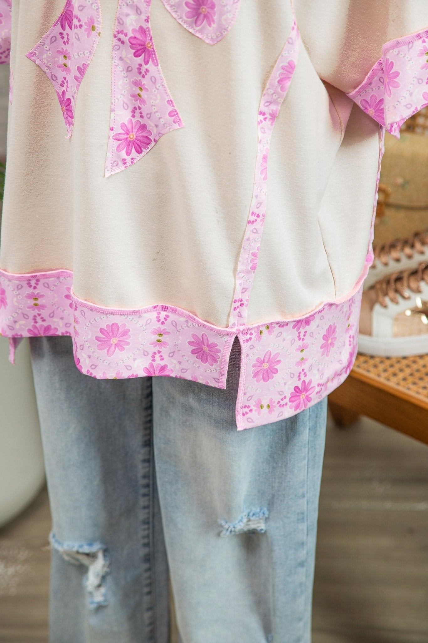 Apricot Daisy Floral Bow Contrast Patchwork Loose T Shirt - Loving It Shop