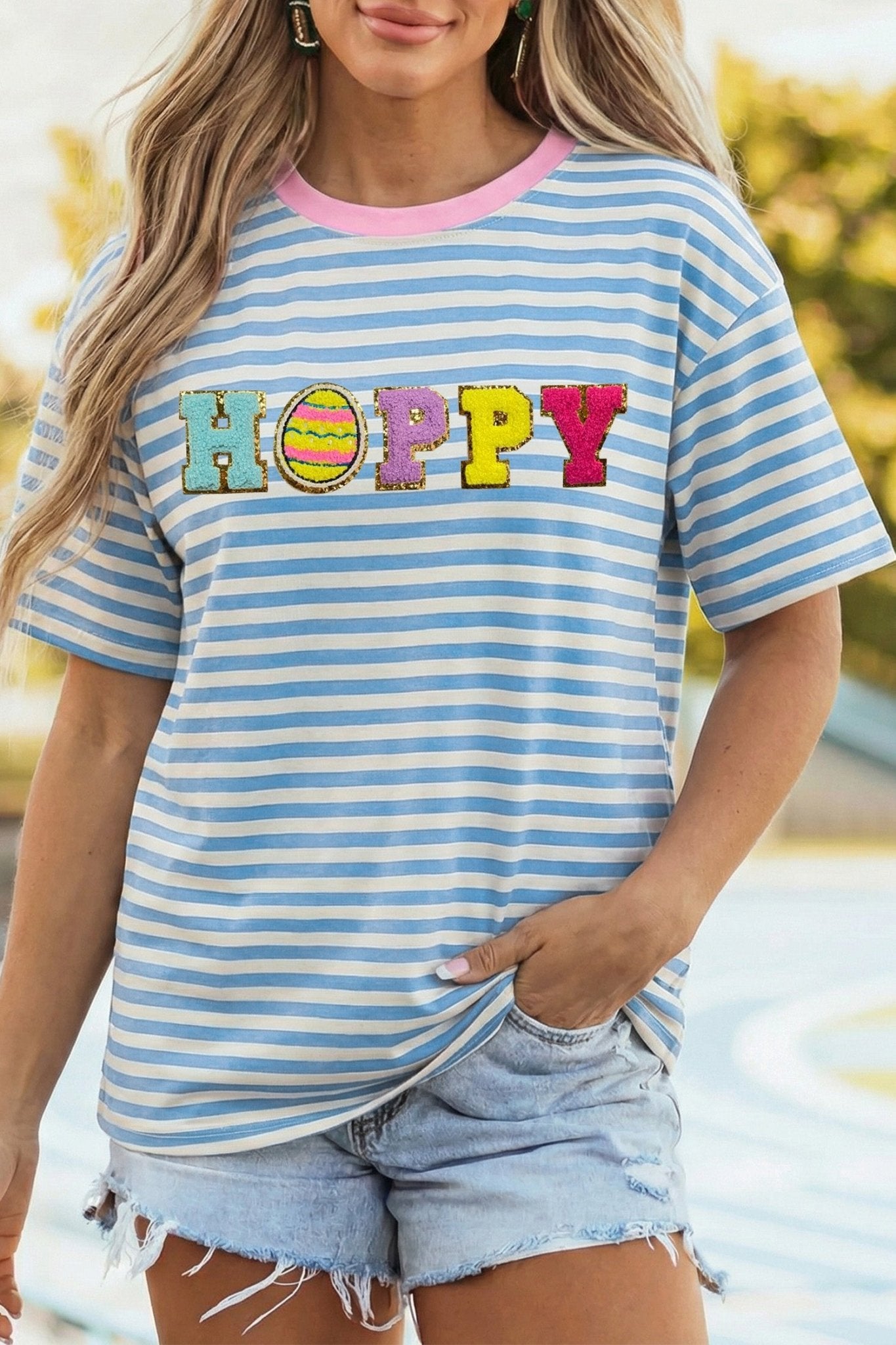 Sky Blue Stripe HOPPY Chenille Patched Graphic Crew Neck Tee - Loving It Shop