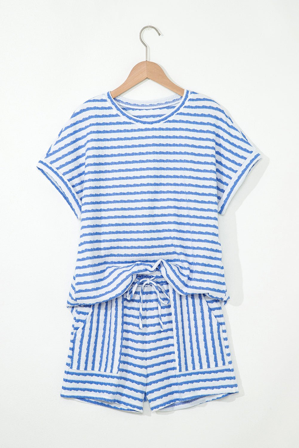 Sky Blue Stripe Knitted Short Sleeve Top and Drawstring Shorts Set - Loving It Shop