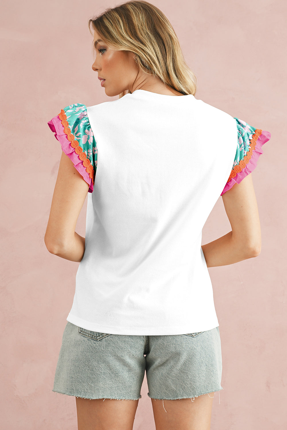 Peach Blossom Ricrac Applique Floral Sleeve Textured Blouse