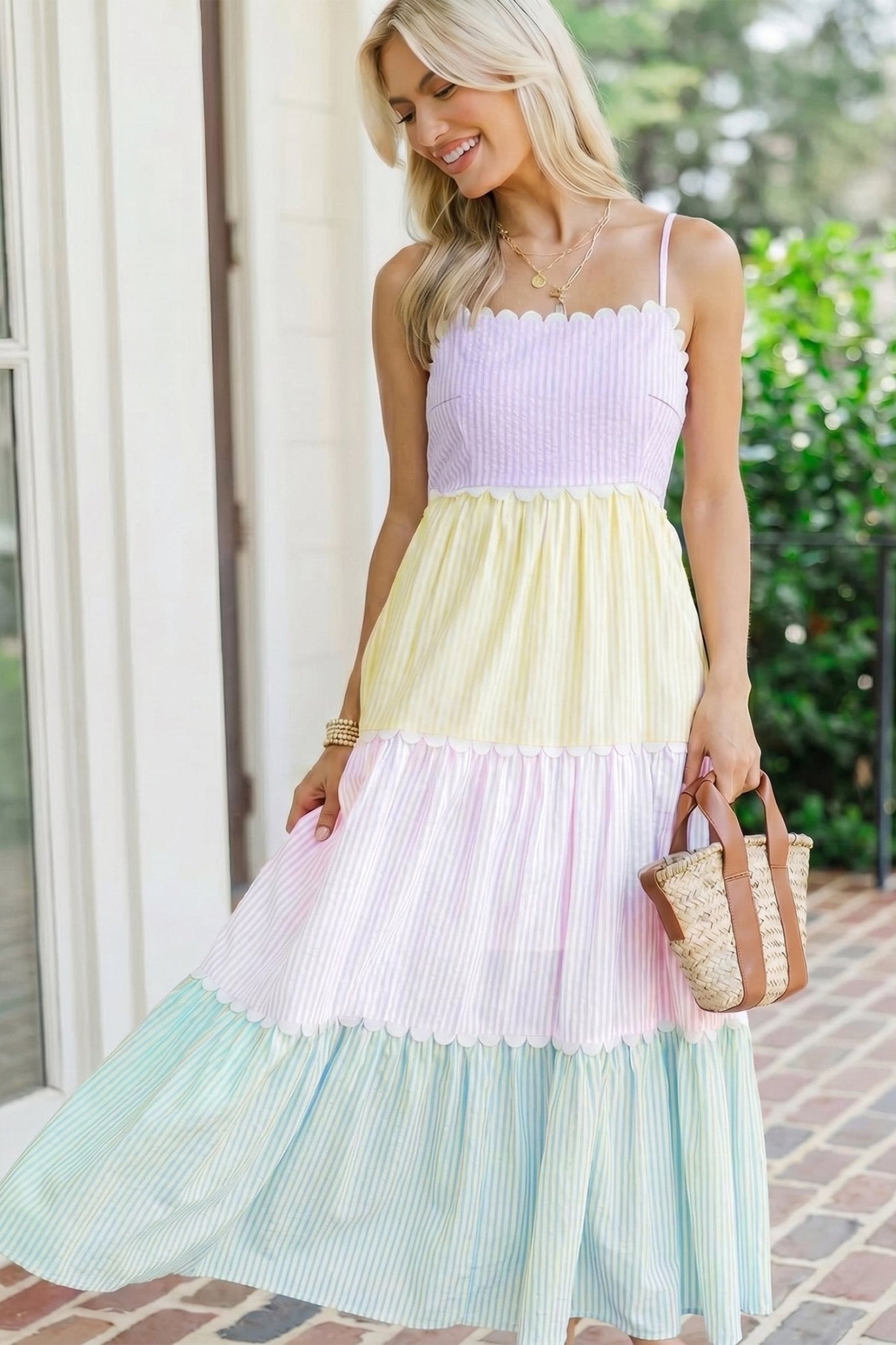 Multicolour Striped Colorblock Adjustable Strap Scalloped Detail Long Dress - Loving It Shop