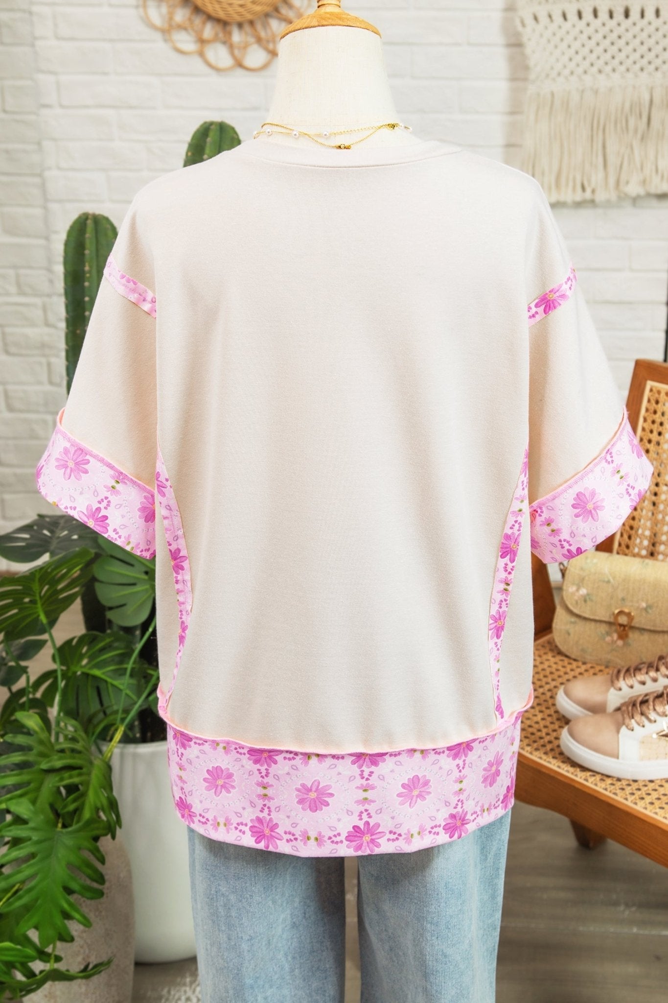 Apricot Daisy Floral Bow Contrast Patchwork Loose T Shirt - Loving It Shop