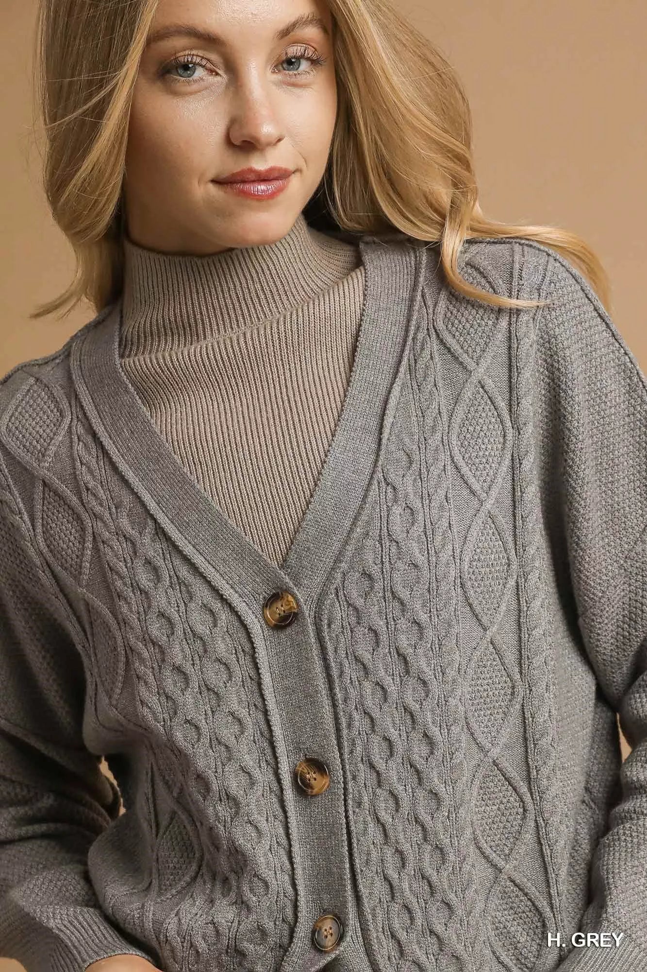 Chunky Cable Knit V-Neck Button-Up Cardigan