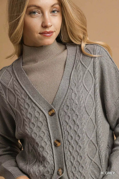 Chunky Cable Knit V-Neck Button-Up Cardigan
