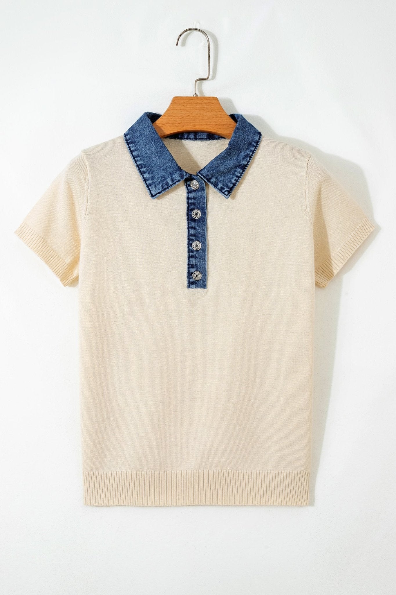 Jet Stream Short Sleeve Knit Denim Patchwork Polo Collar Sweater - Loving It Shop