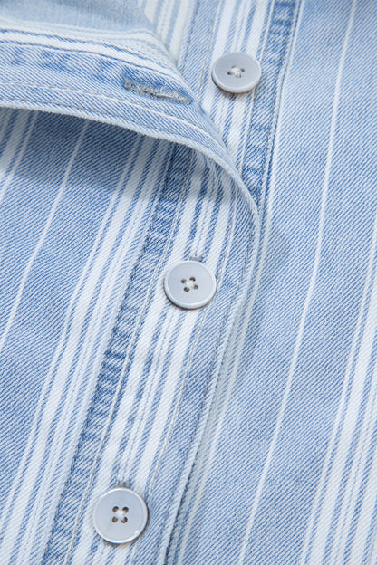 Sky Blue Stripe Boyfriend Chest Pocket Classic Denim Shacket