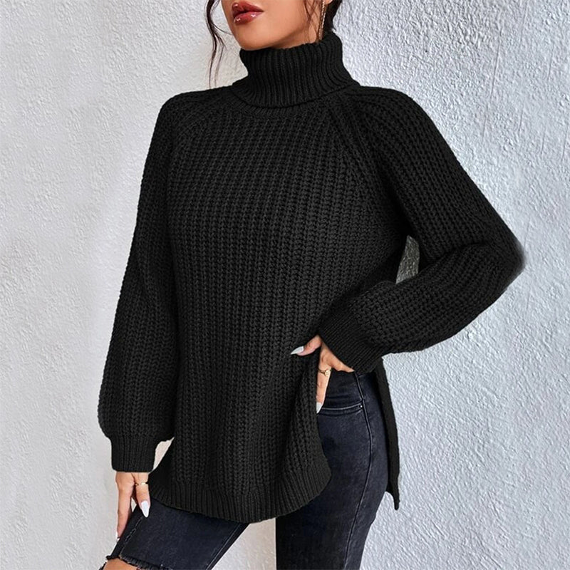 Turtleneck Pullover Sweater With Split Design Fashion Simple Solid Color Long Sleeve Tops Women&