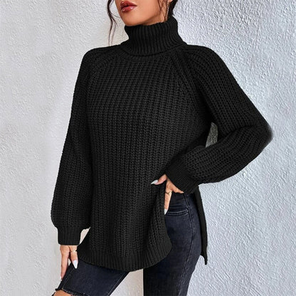 Turtleneck Pullover Sweater With Split Design Fashion Simple Solid Color Long Sleeve Tops Women&