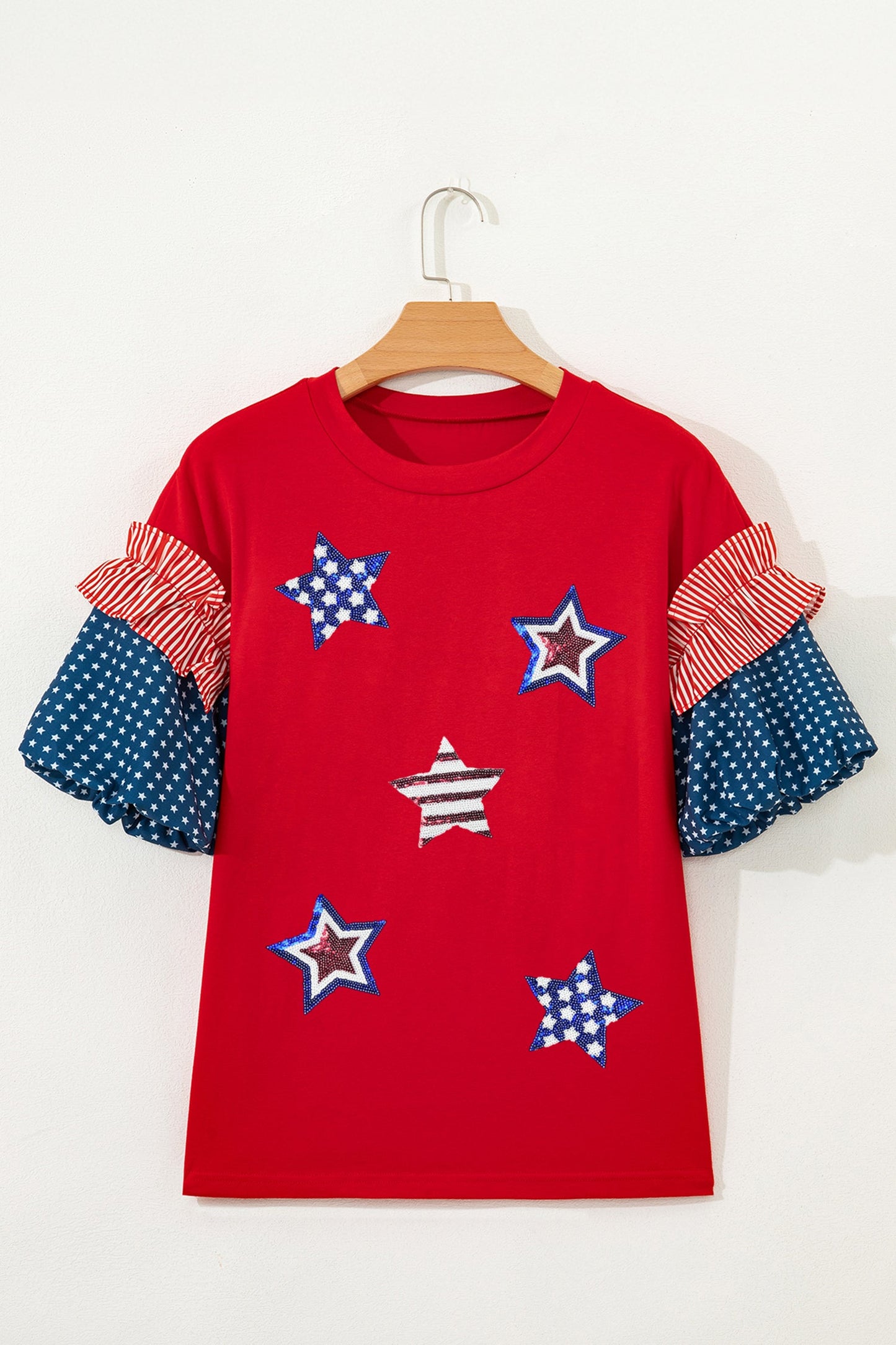 Fiery Red Patriotic Sequin Star Patched Stars and Stripes Contrast Sleeve Top