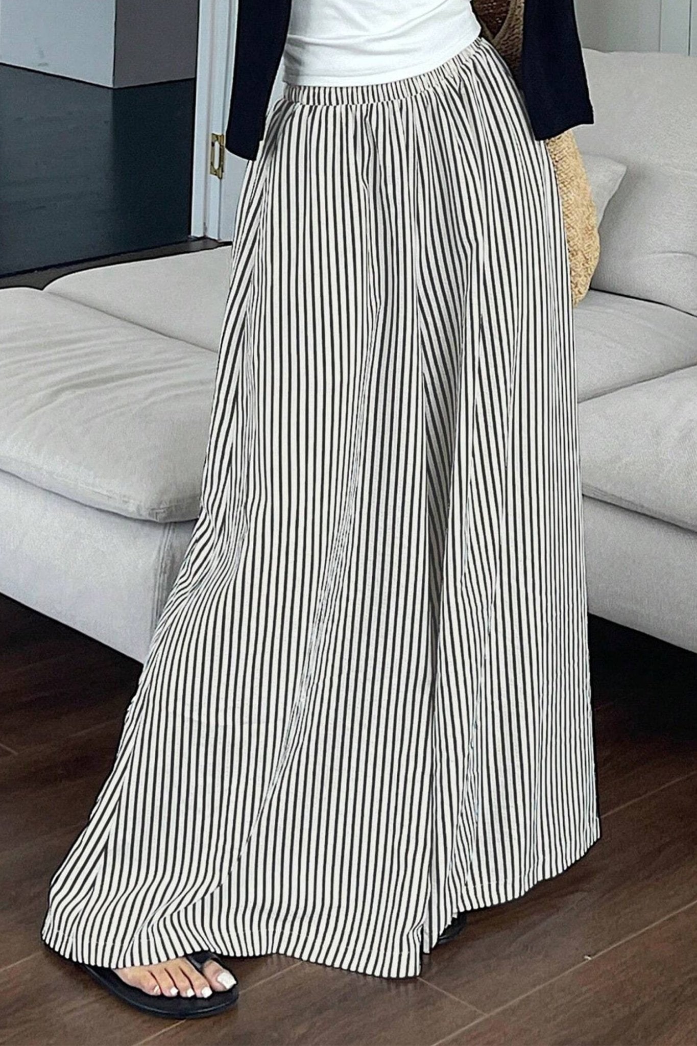Black Stripe Elastic Waist Ultra Wide Leg Pants - Loving It Shop