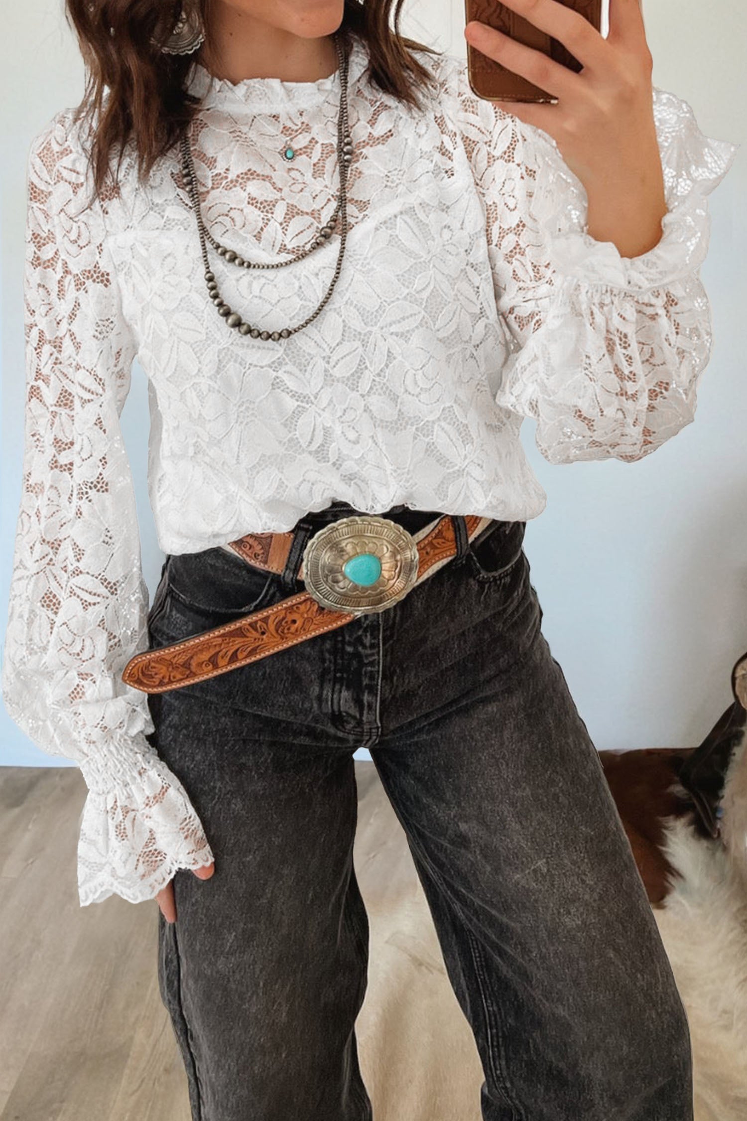 White Ruffled Round Neck Long Flounce Sleeve Sheer Lace Blouse - Loving It Shop