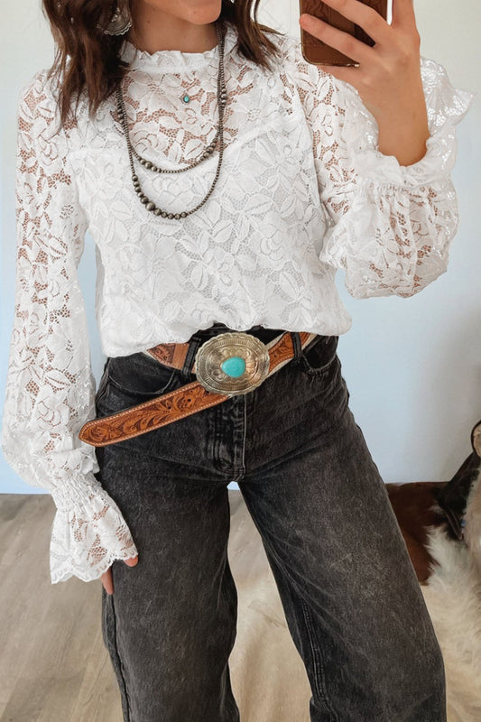 White Ruffled Round Neck Long Flounce Sleeve Sheer Lace Blouse - Loving It Shop