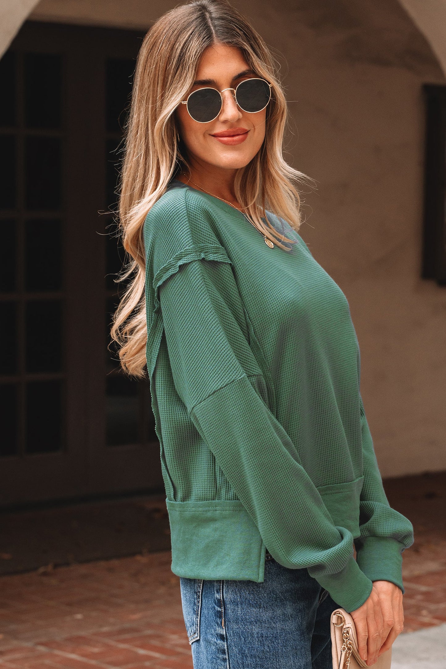 Evergreen Solid Color Raw Seam Patchwork Ribbed Drop Shoulder Sweatshirt