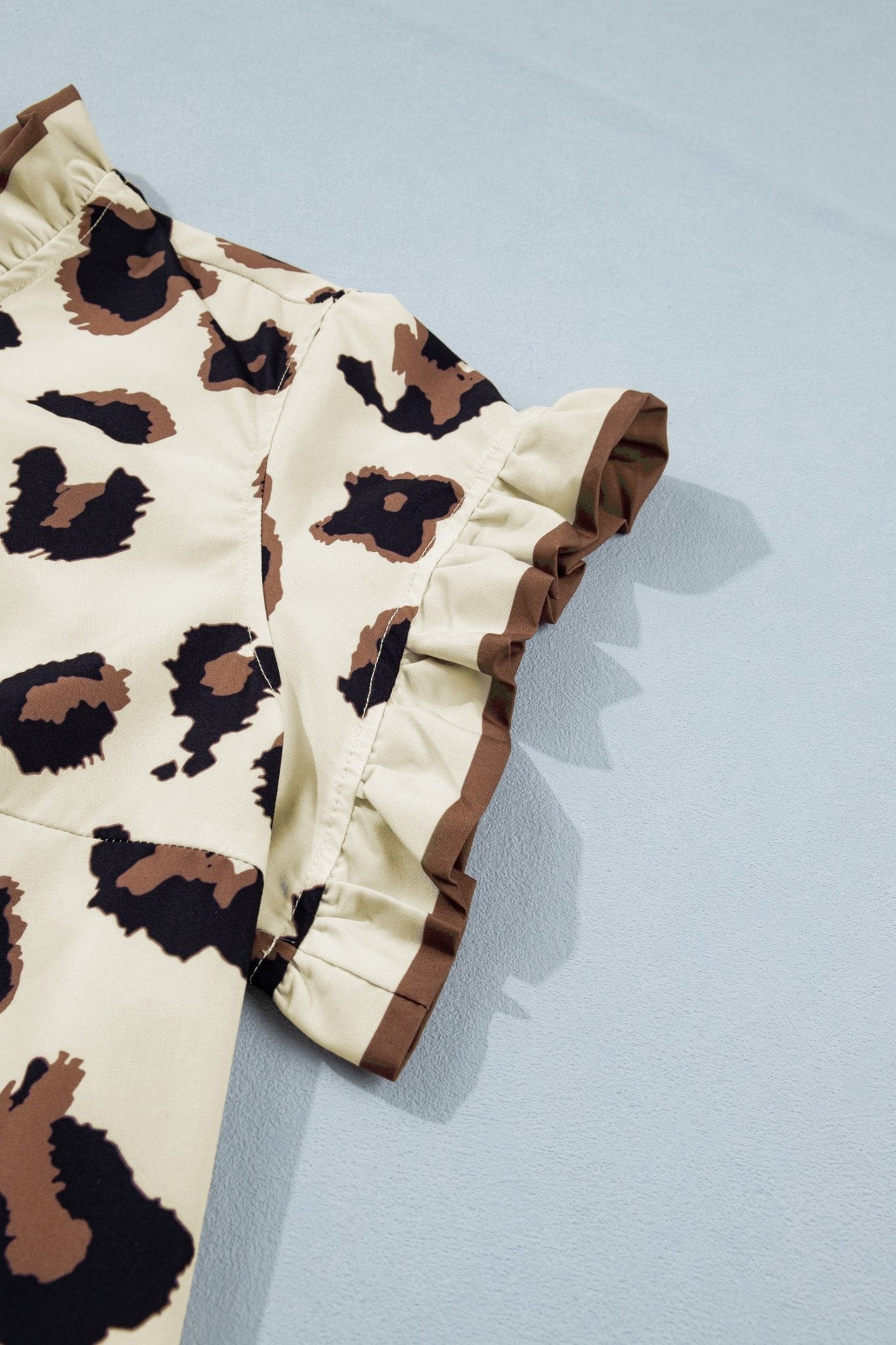 Khaki Plus Size Leopard Print Frilled Color Block Trim Button Down Short Sleeve Blouse - Loving It Shop