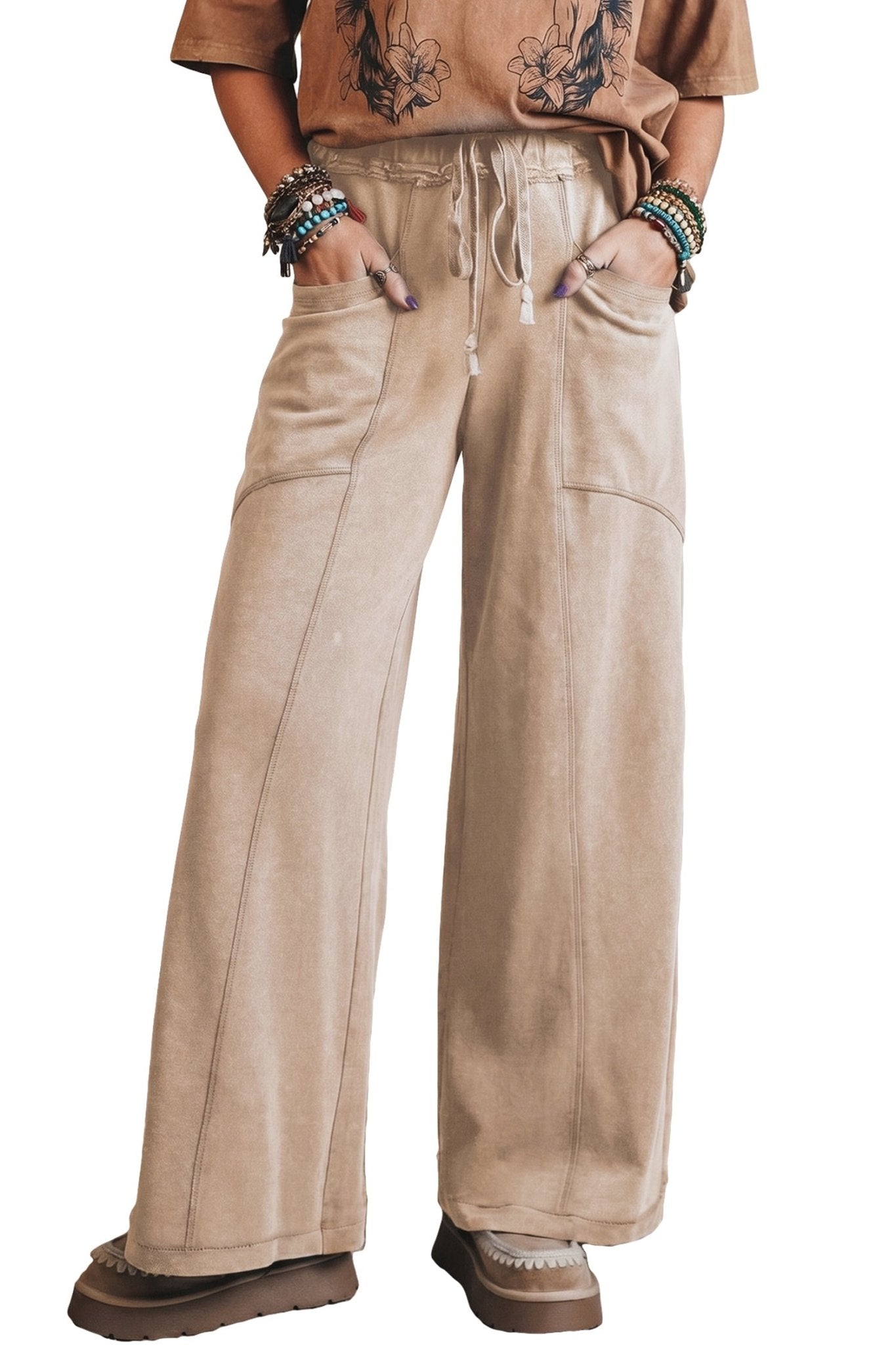 Smoke Gray Mineral Wash Drawstring Retro High Waist Wide Leg Western Pants - Loving It Shop