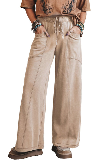 Smoke Gray Mineral Wash Drawstring Retro High Waist Wide Leg Western Pants - Loving It Shop