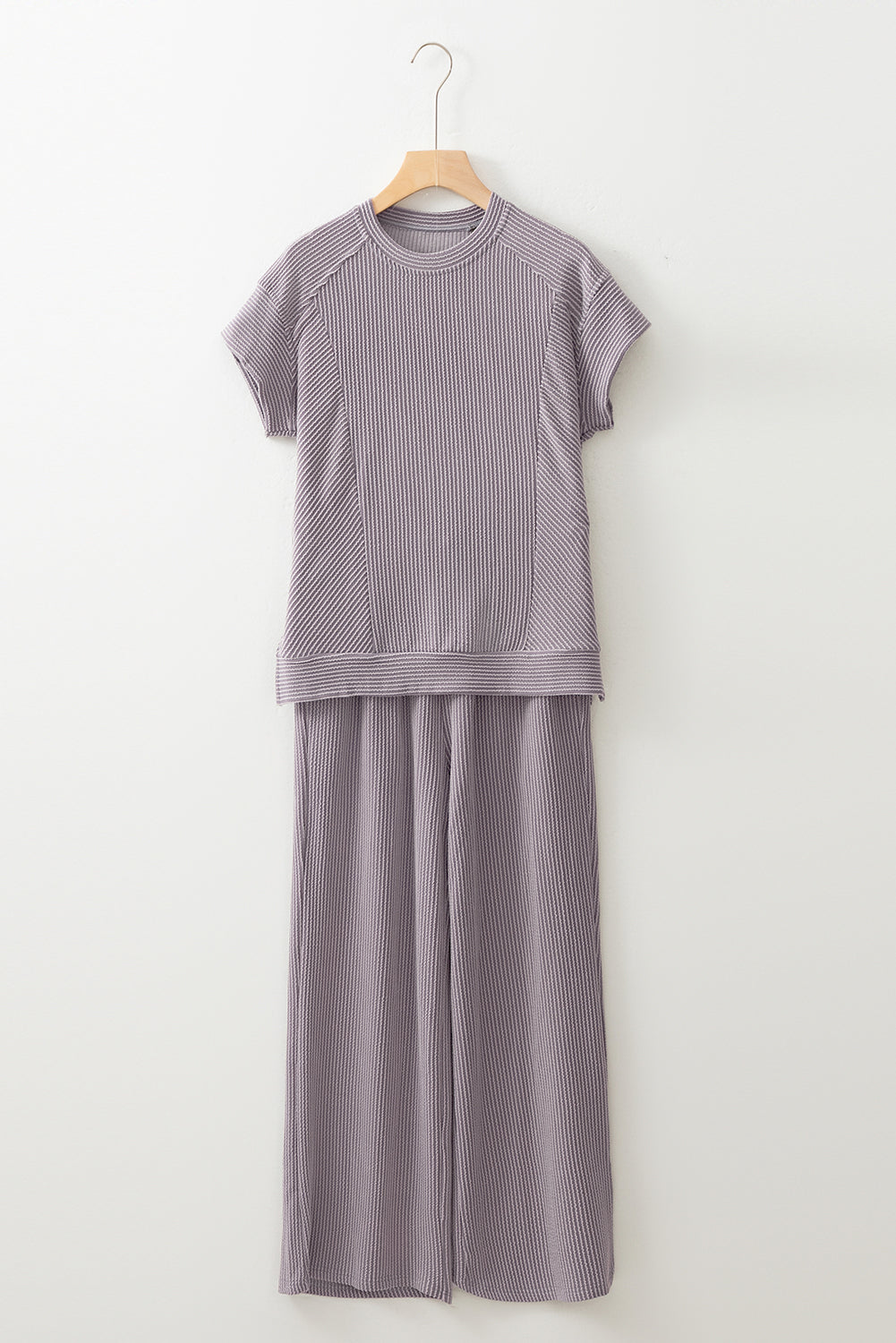 Blue Solid Corded Short Sleeve T Shirt and Wide Leg Pants Set