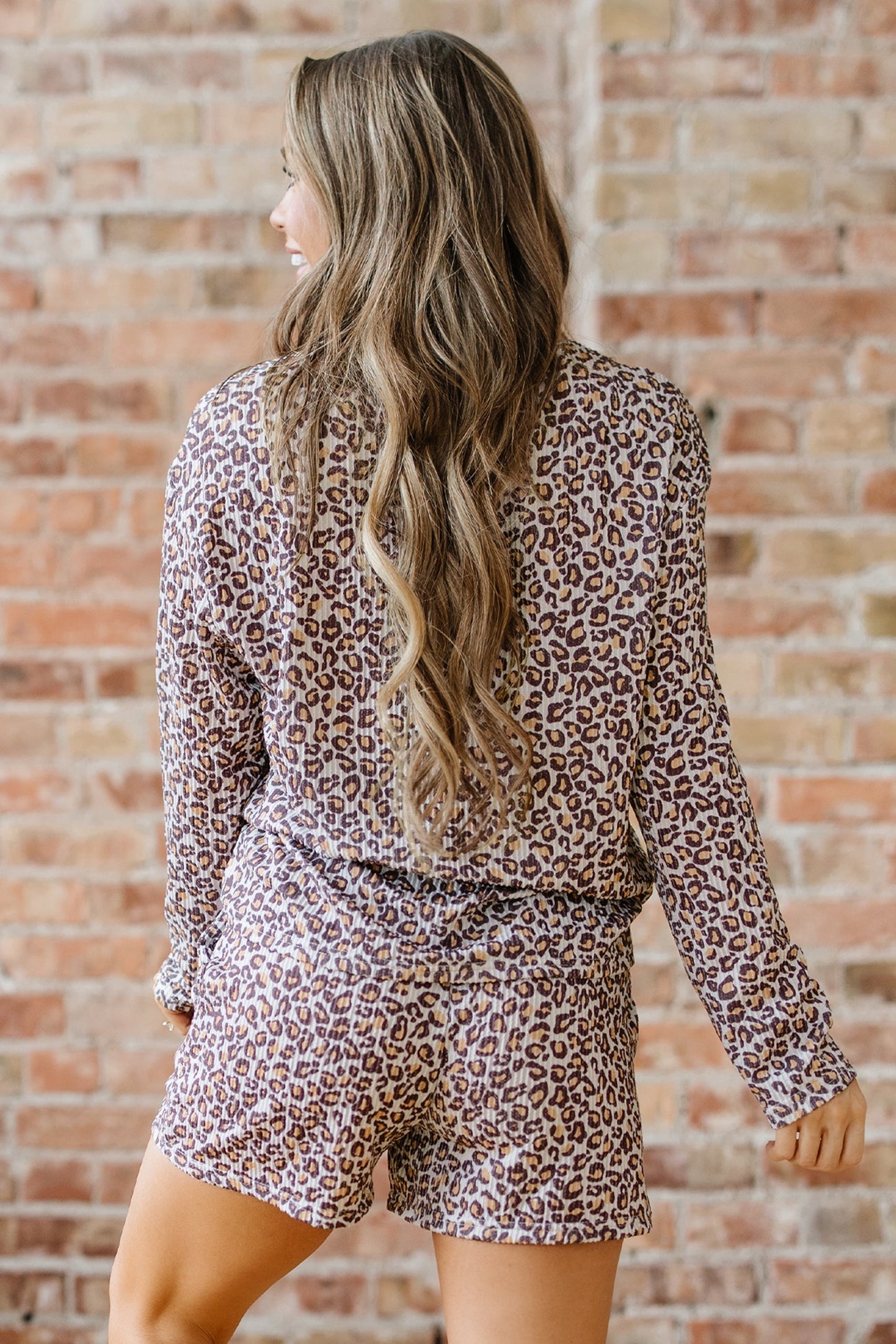 Khaki Leopard Ribbed Long Sleeve Top Drawstring Shorts 2pcs Outfit