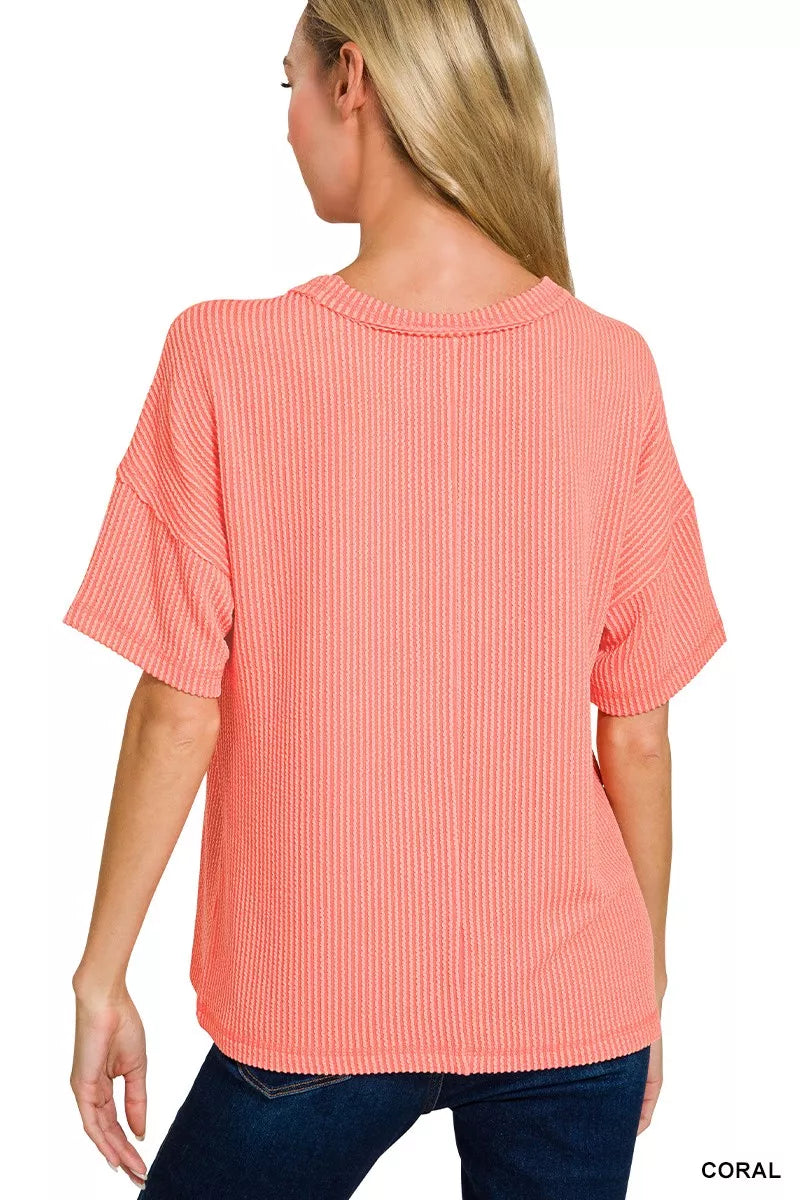 Raised Rib Exposed Seam Short Sleeve Top