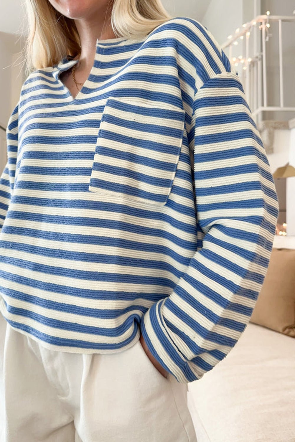 Sky Blue Stripe Chest Pocket Buttoned Back Notched V Neck Top - Loving It Shop
