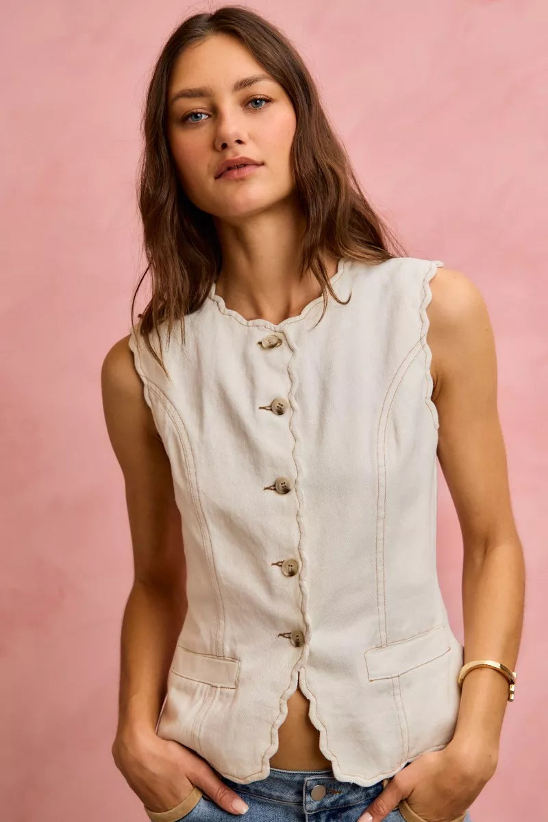 Scalloped Edge Cotton Twill Washed Vest Top