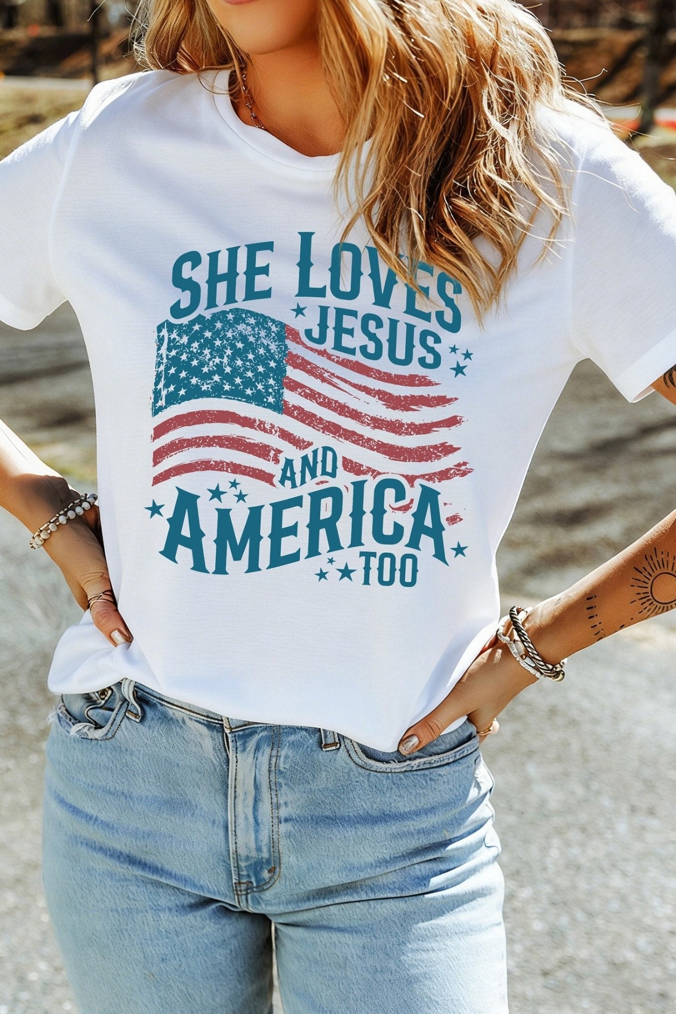 White She Loves Jesus and America Flag Graphic Tee - Loving It Shop