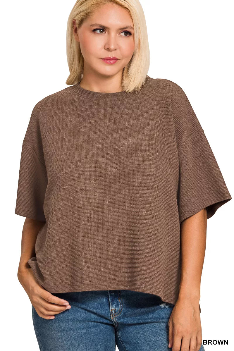 Full Size Double Knit Side Slits Hi Low Short Sleeve Top Plus Size