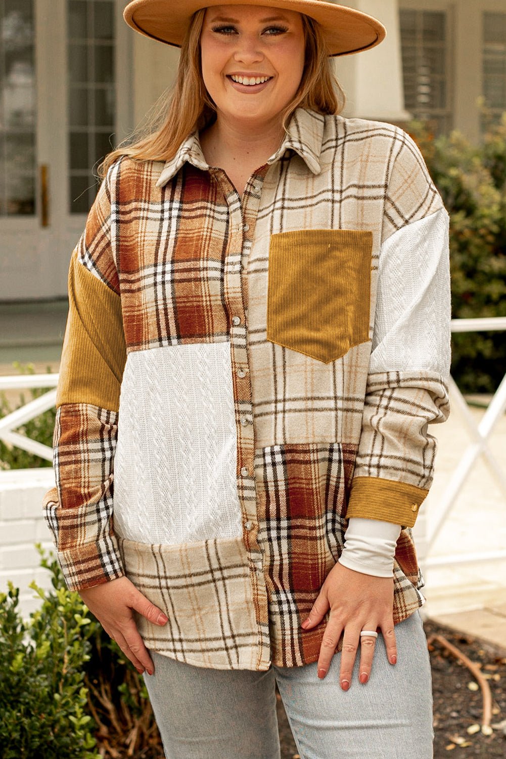 Golden Apricot Plus Size Plaid Patchwork Button up Shacket - Loving It Shop