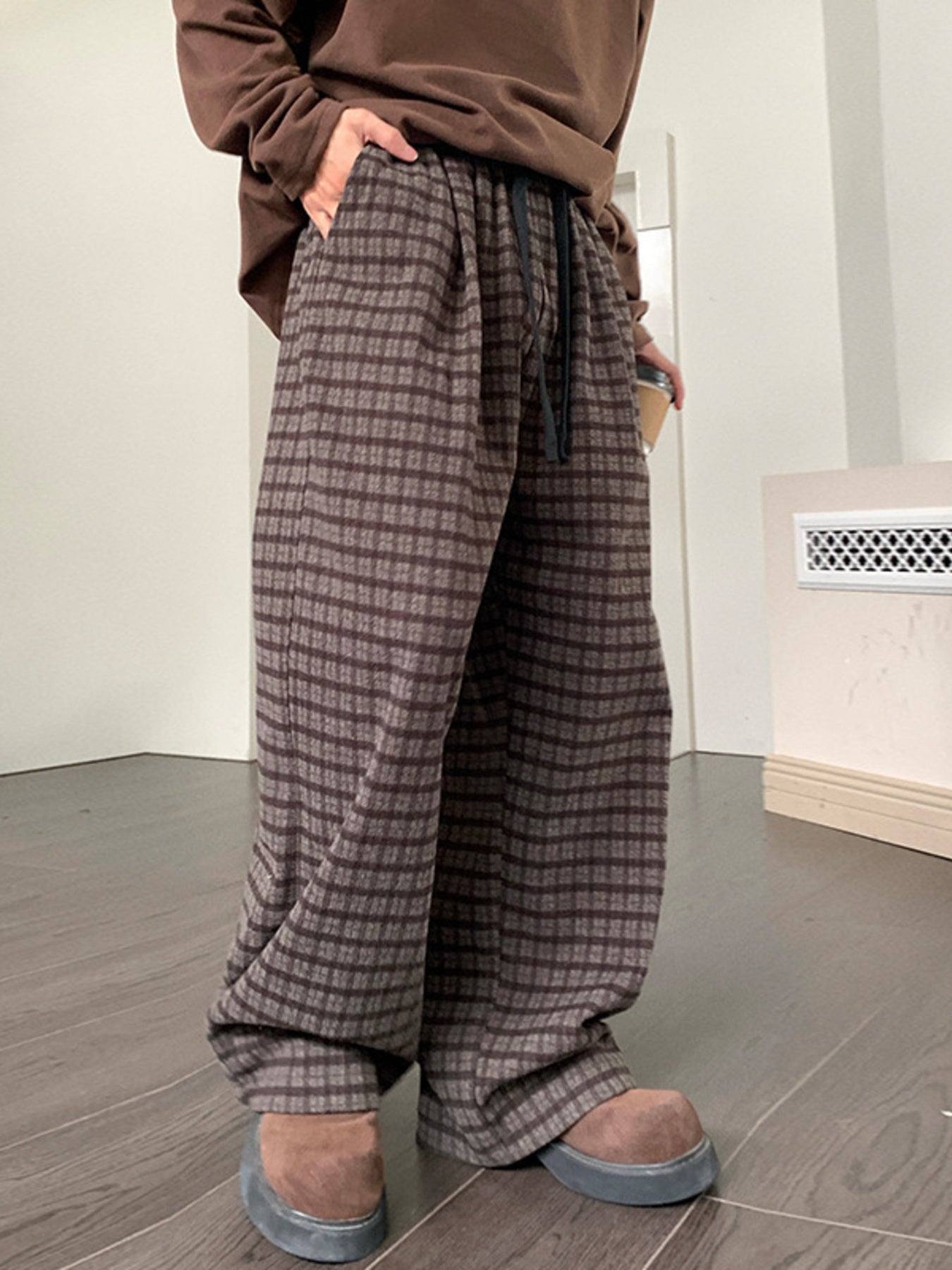 Men's Plus Size Plaid Pattern Wide Leg Casual Pants