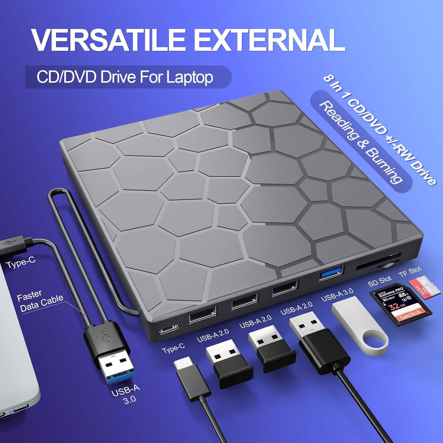 High-Speed USB 3.0 External CD/DVD Drive with Burner – Plug &amp; Play, Windows &amp; Mac Compatible