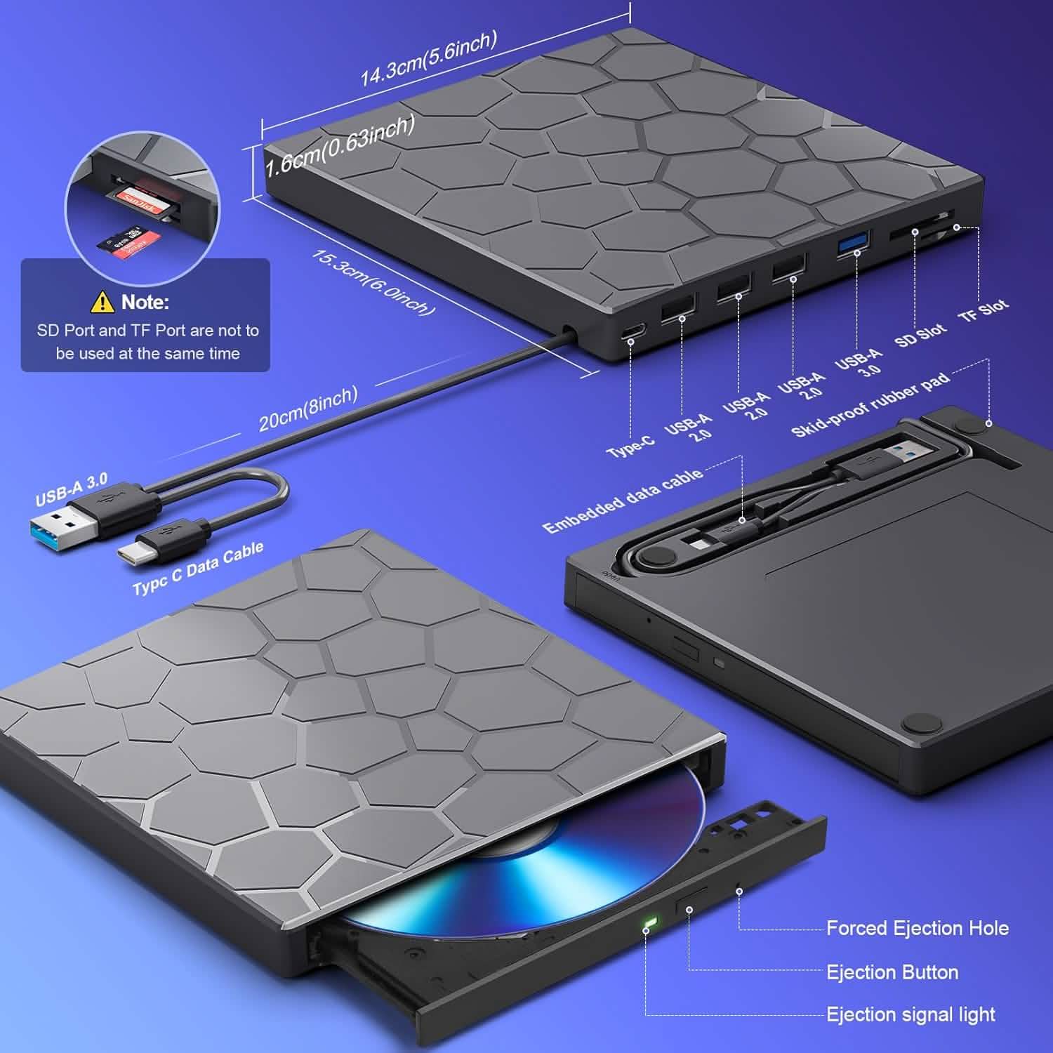 High-Speed USB 3.0 External CD/DVD Drive with Burner – Plug &amp; Play, Windows &amp; Mac Compatible