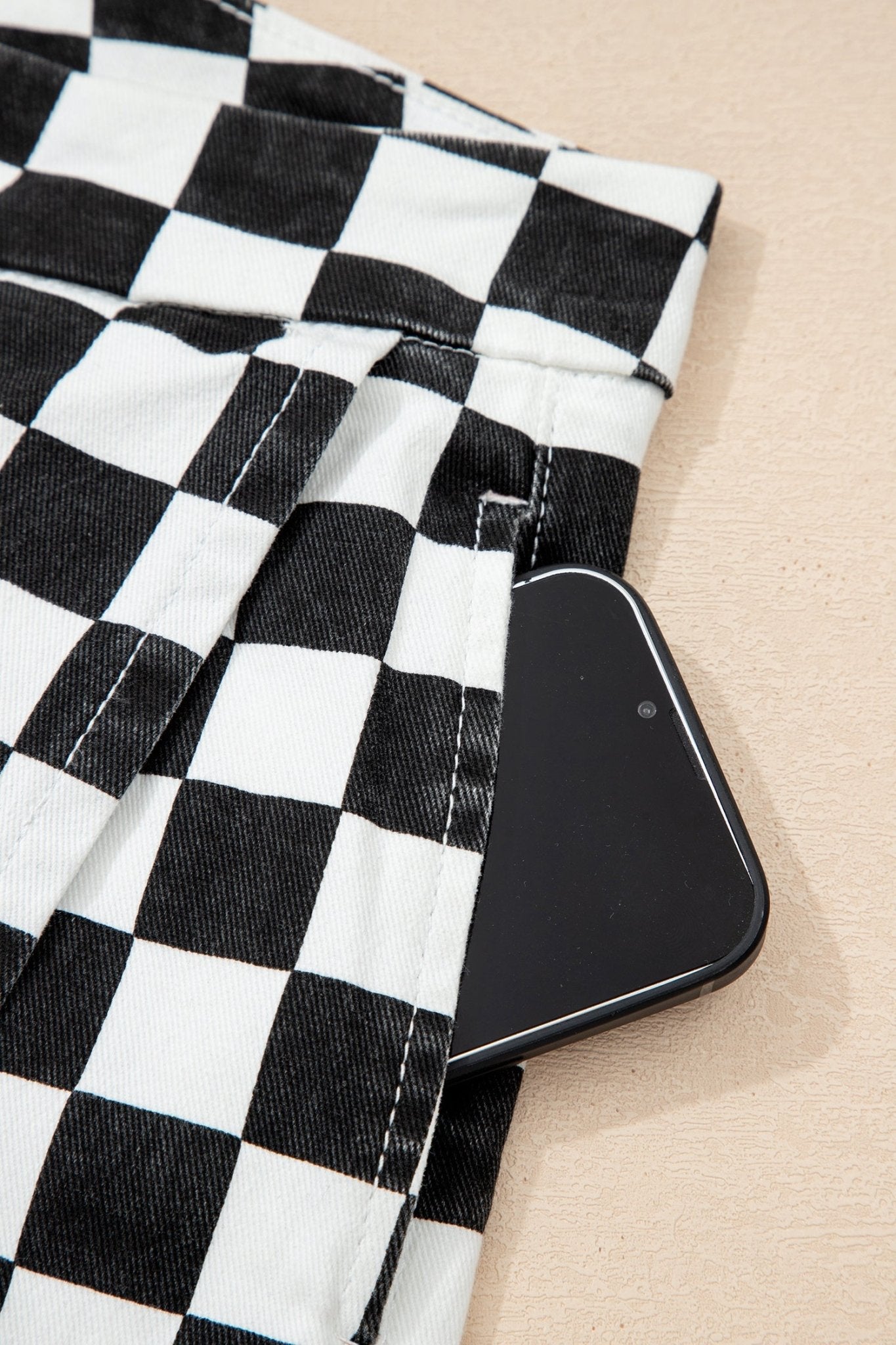 Black Checkered Print Overlap Denim Shorts - Loving It Shop