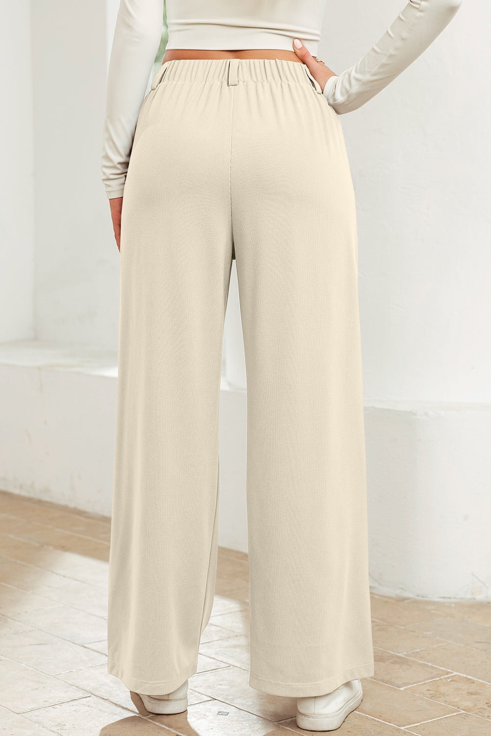 Beige Solid Color Textured Elastic Waist Wide Leg Pants - Loving It Shop