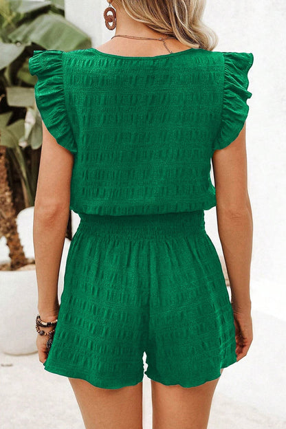 Dark Green Textured Square Neck Top and Shirred High Waist Shorts Set - Loving It Shop