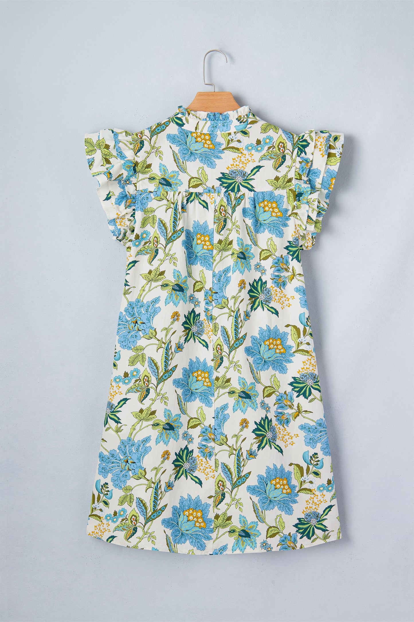 Beige Floral Print V Neck Triple Ruffle Short Sleeve Shift Mini Dress