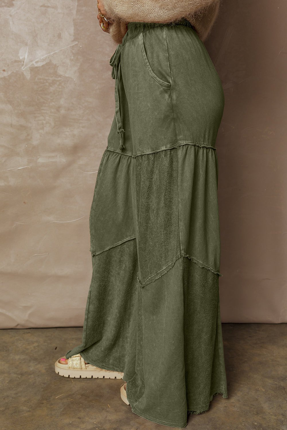 Vineyard Green Mineral Wash Tiered Wide Leg Patchwork Drawstring Pants - Loving It Shop