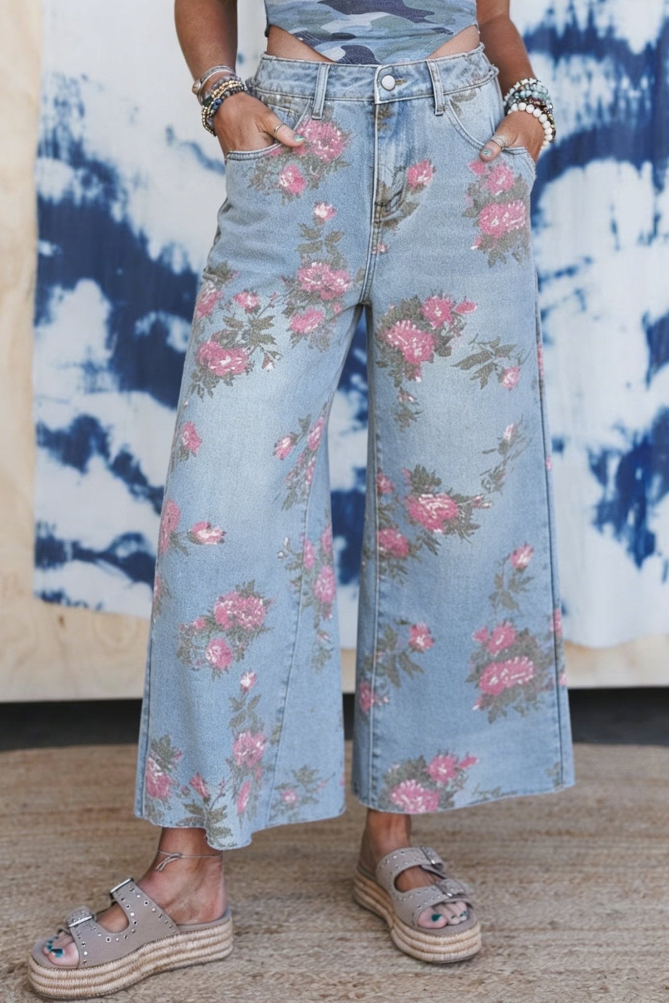 Sky Blue Garden Floral Print Bootcut Jeans - Loving It Shop