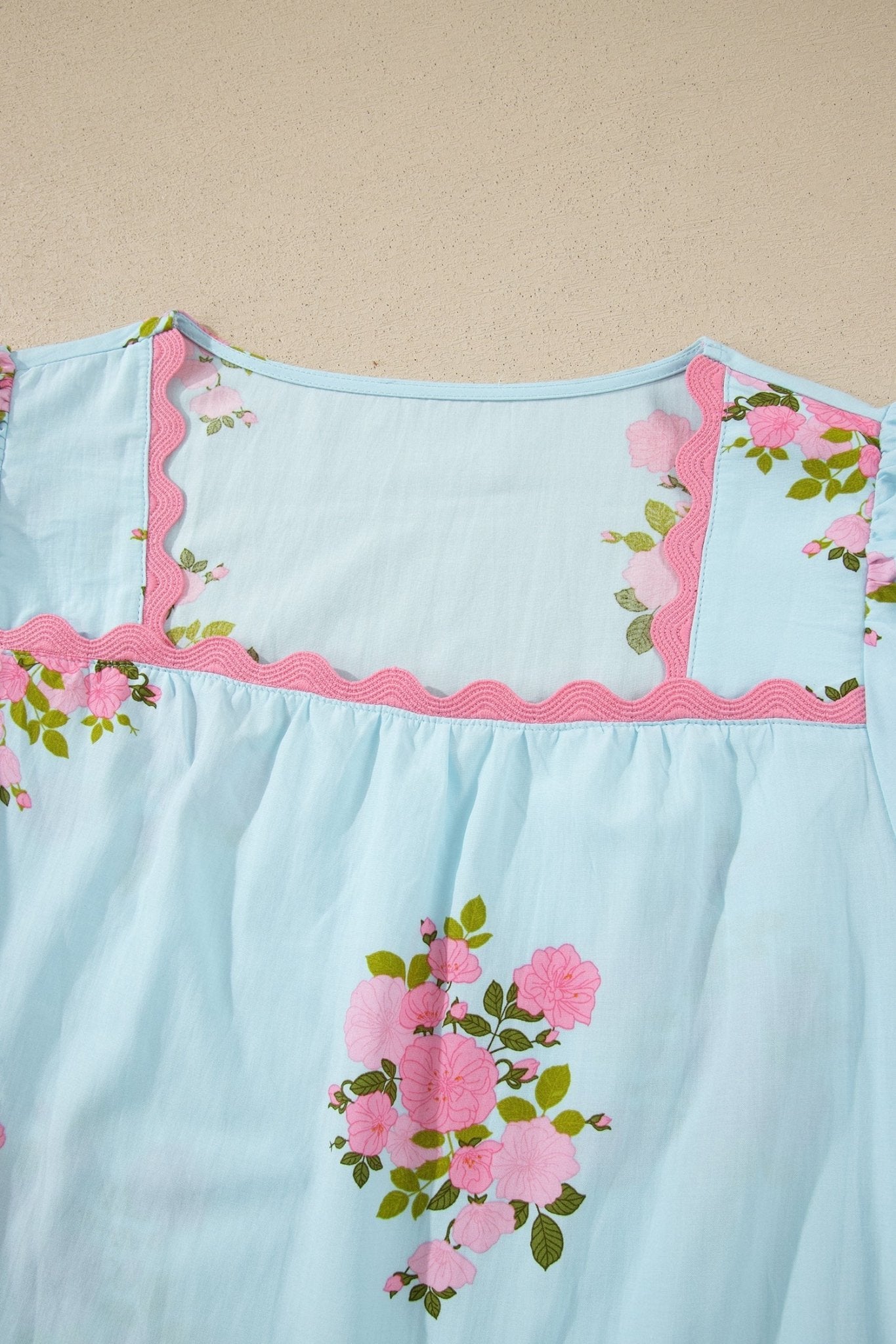 Sky Blue Floral Printed Contrast Ricrac Detail Bubble Sleeve Blouse - Loving It Shop